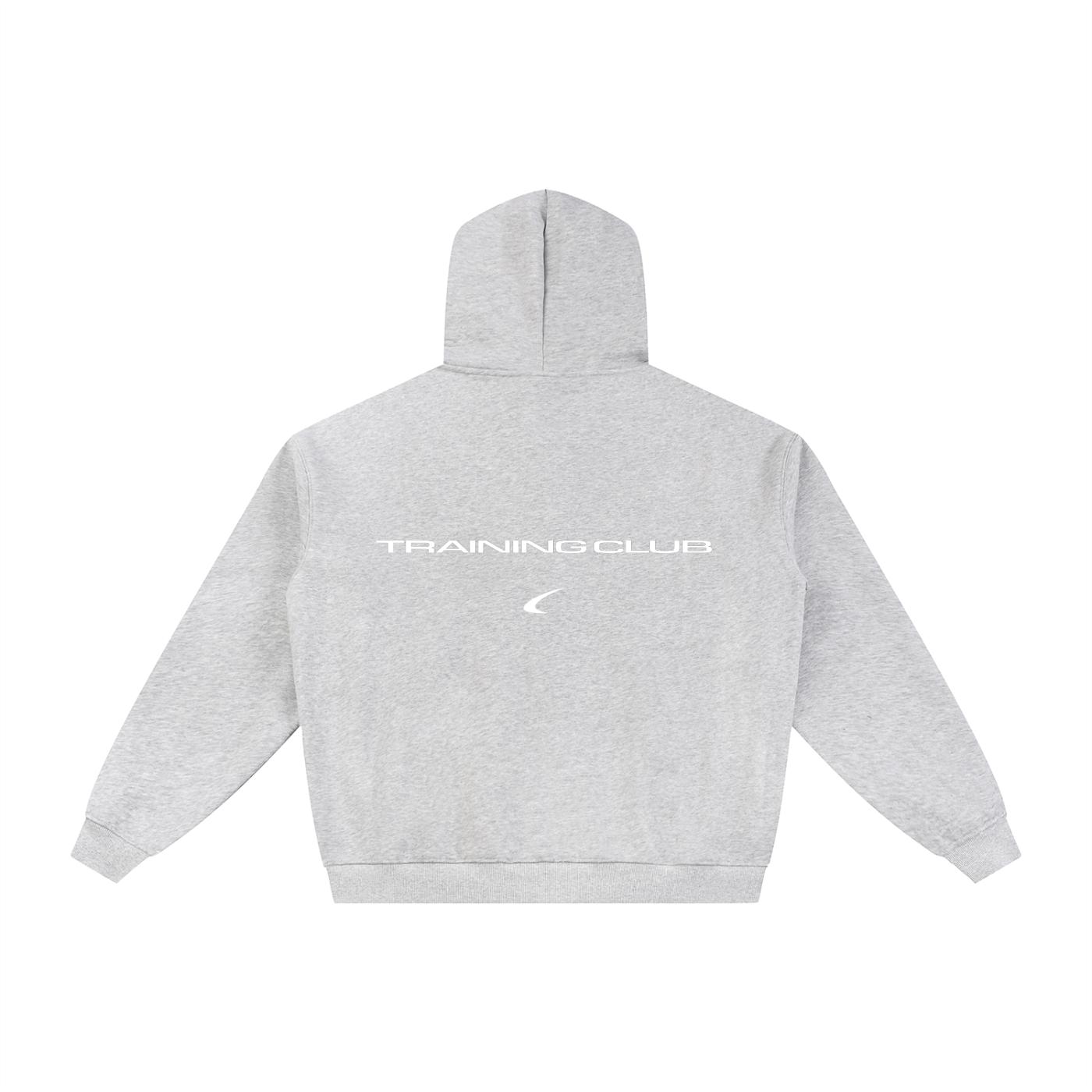 A light gray heather pullover hoodie shown from the back, featuring the text 'TRAINING CLUB' in white across the upper back and a small white curved logo underneath.