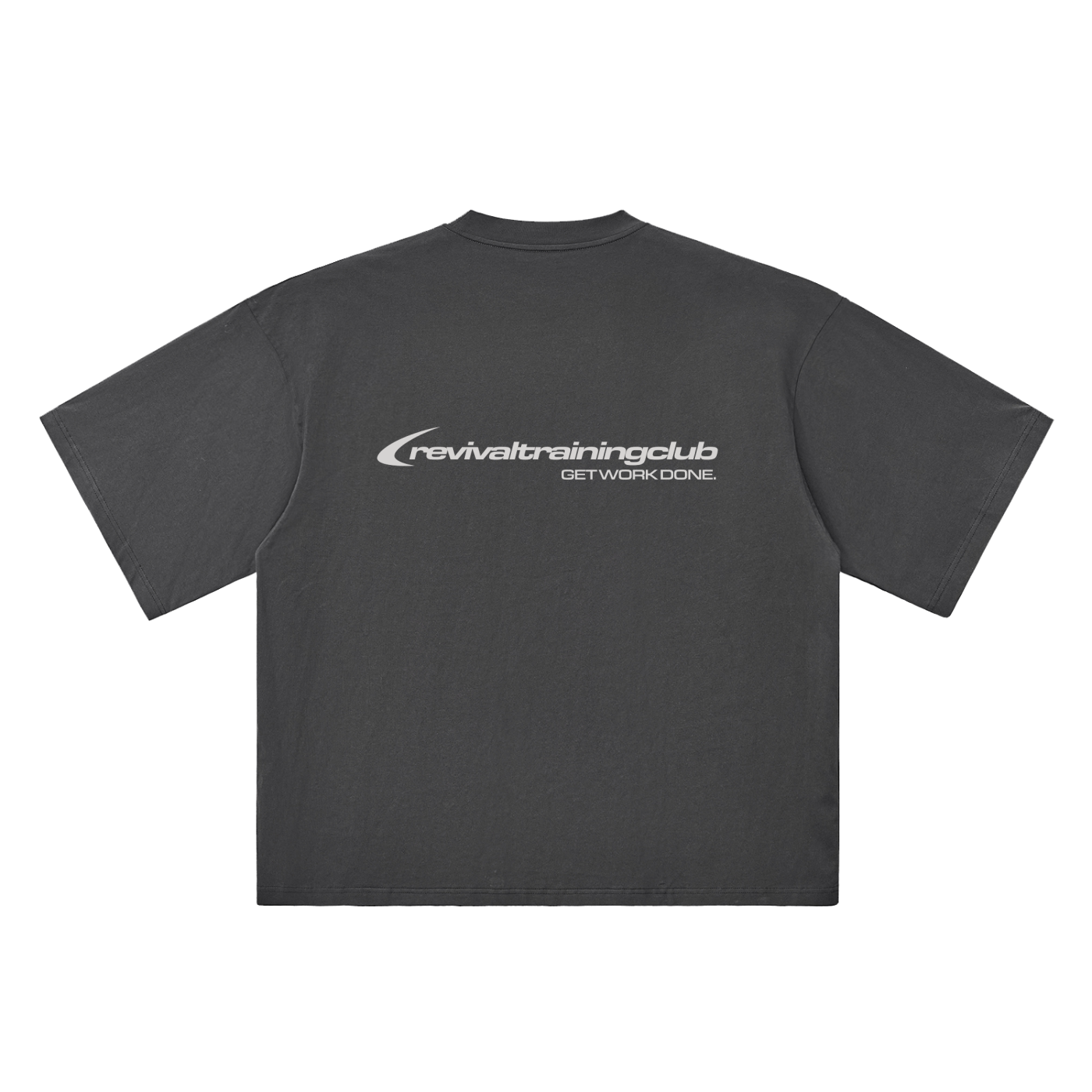 Black t-shirt with 'REVIVALTRAININGCLUB' text and graphics on a white background