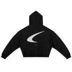Black hoodie with a white logo on the back against a white background