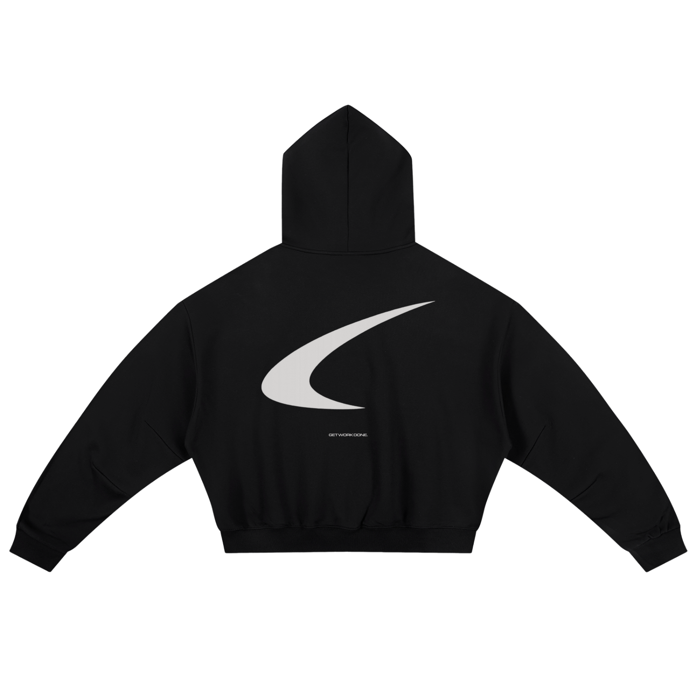 Black hoodie with a white logo on the back against a white background