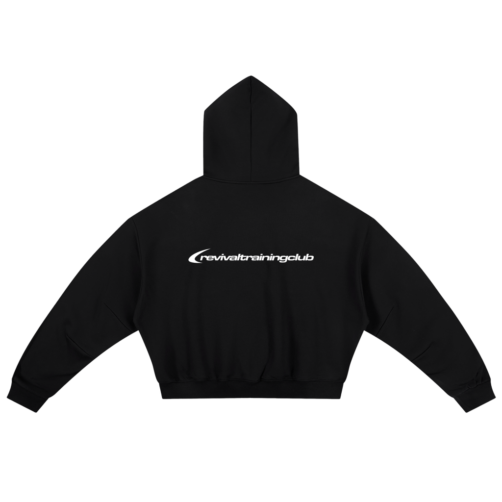 Black hoodie with 'revivetrainingclub' logo on a white background