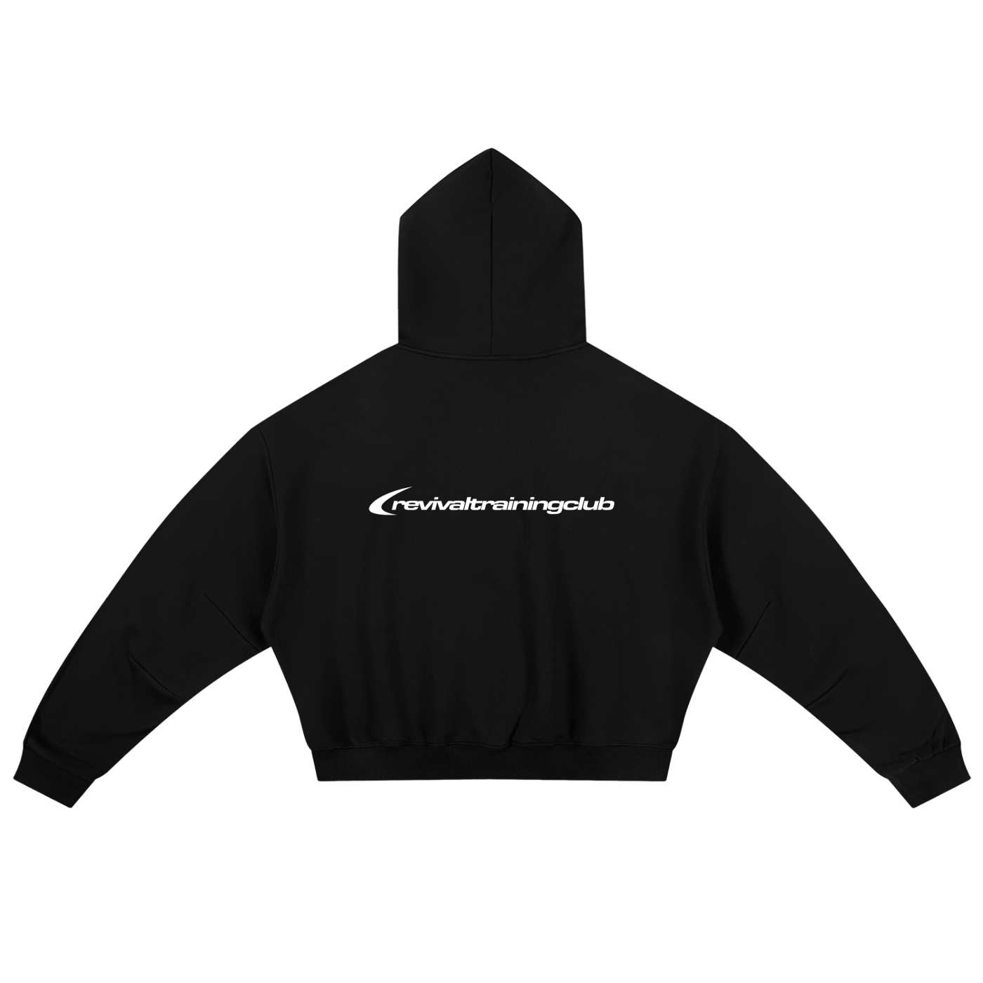 Black hoodie with 'revivetrainingclub' logo on a white background